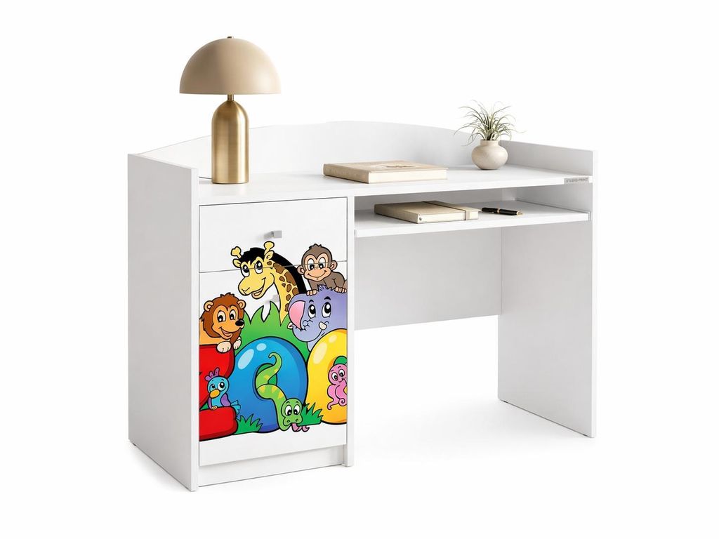Kinderschreibtisch Weiß "Happy B04" | Jugendmöbel Lernschreibtisch mit Stauraum | Stabiler PC-Tisch für das moderne Kinderzimmer, Zoo