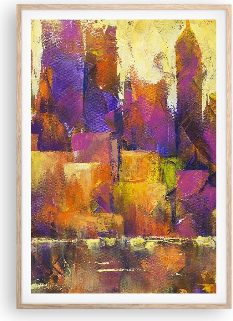 Gerahmtes Poster - Rahmen in heller Eiche - Abstraktion Stadt Wolkenkratzer - 70x100 cm - Wand Bild - Wanddeko - Wandbilder - Wandposter - Bilderra...