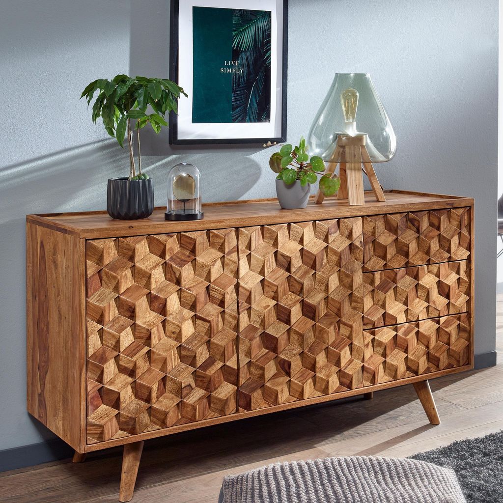 FineBuy Sideboard Sheesham Massivholz 140 cm mit 2 Türen & 3 Schubladen - Massive Retro Kommode mit Holz Füßen - Design Natur Anrichte - Handmade