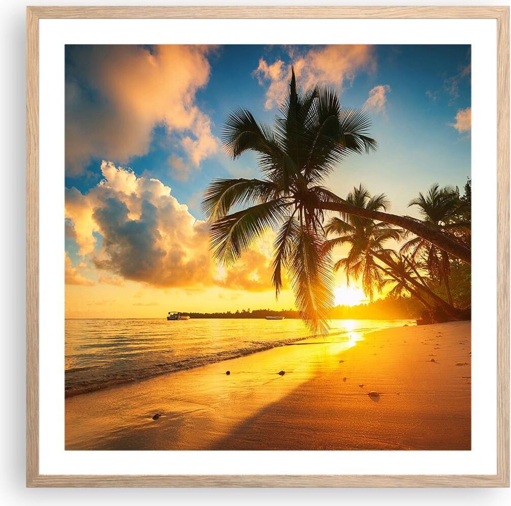 Gerahmtes Poster - Rahmen in heller Eiche - Meer Strand Palme - 60x60 cm - Wand Bild - Wanddeko - Wandbilder - Wandposter - Bilderrahmen - Bilder -...