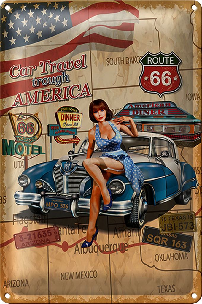Blechschild Retro 40x30cm Pinup Car Travel trough America