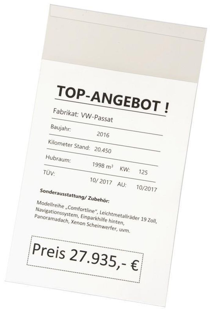 Preisblatt-Tasche DIN A4, aus bruchsicherem und schlagfestem Polycarbonat, licht-, wärme- und kälteunempfindlich, Befestigung Haken für Sonnenbl...