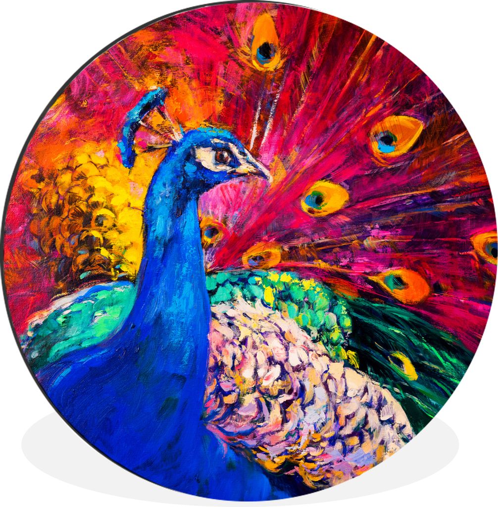 MuchoWow Aluminium Wandkreis Gemälde - Vogel - Pfau - Ölgemälde Ø 90 cm Wanddeko Modern Wohnzimmer - Mauerkreis - Wandbilder - Runde Bild - B...