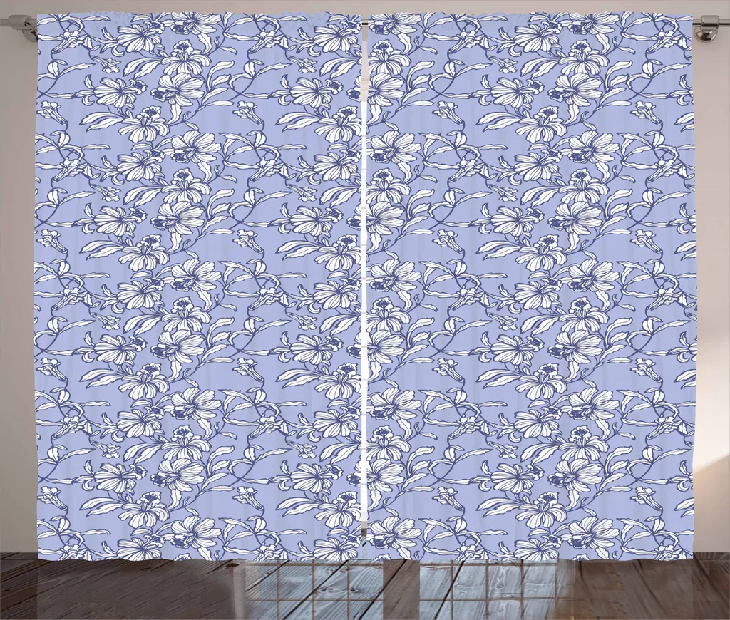 ABAKUHAUS Tenda botanica rustica, vintage shabby floreale, tenda con passanti e ganci per camera da letto, 280 x 245 cm, Ceil blu scuro