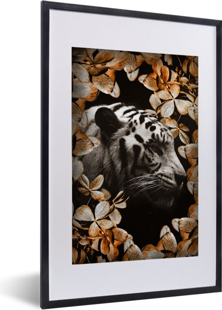 MuchoWow MuchoWow Gerahmtes Poster Tiger - Zebra - Blätter 40x60 cm - Poster mit zchwarzem Bilderrahmen - Poster in Rahmen