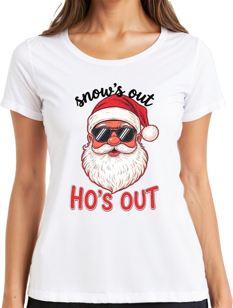 Snow's out Ho's out Weihnachtsmann Sonnenbrille Lustig Vintage Damen T-Shirt, Weiß, XL