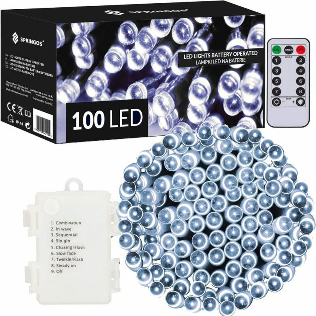LED světelný řetěz - 10m, 100LED, 8 funkcí, ovladač, 3xAA, Obrázek produktu 