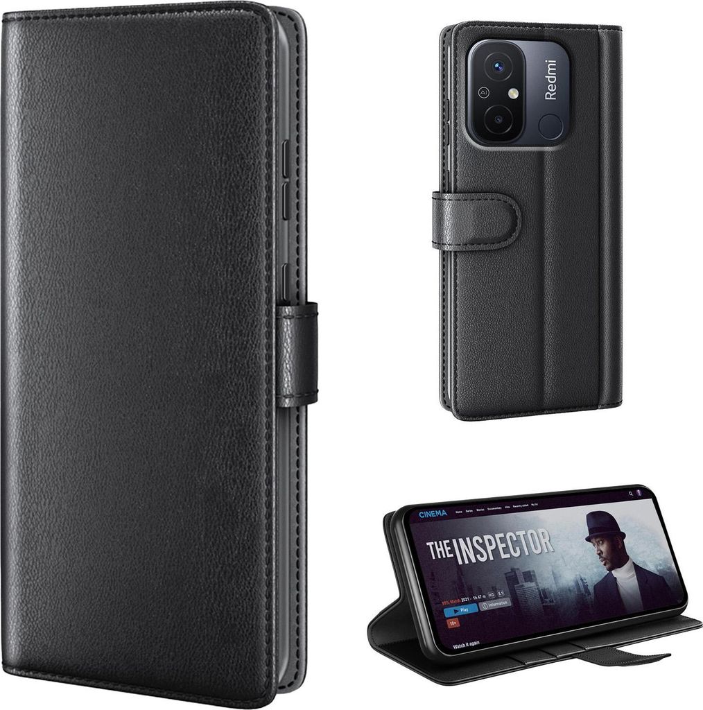 Echtleder Handyhülle für Xiaomi Redmi 12C Lederhülle Cover Case Tasche Klapphülle Fliphülle Leder Hülle Farbe: Schwarz