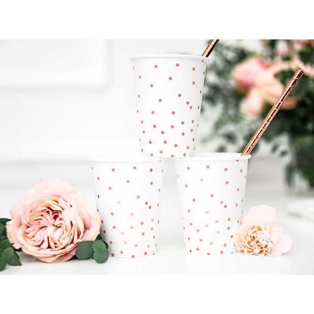 Bicchiere di carta a pois 260ml bianco oro rosa set da 6 Immagine del prodotto 