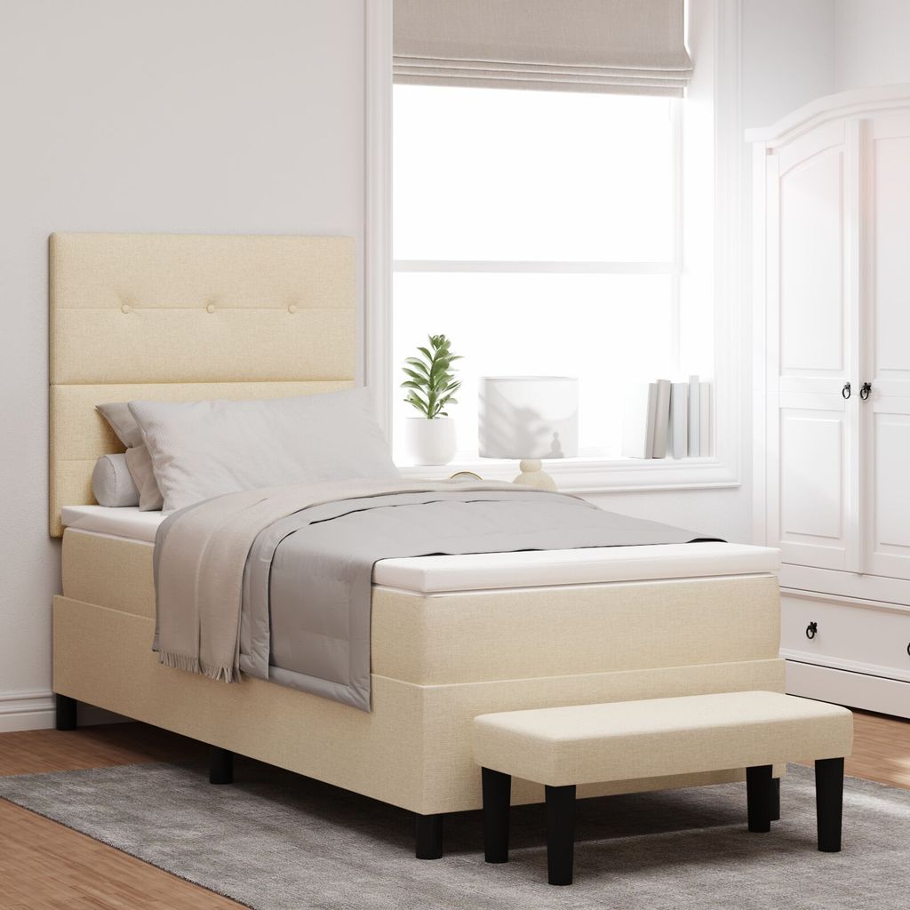 Möbel Boxspringbett mit Matratze & Bank Creme 90x190 cm Stoff - Klassische Betten 3344035