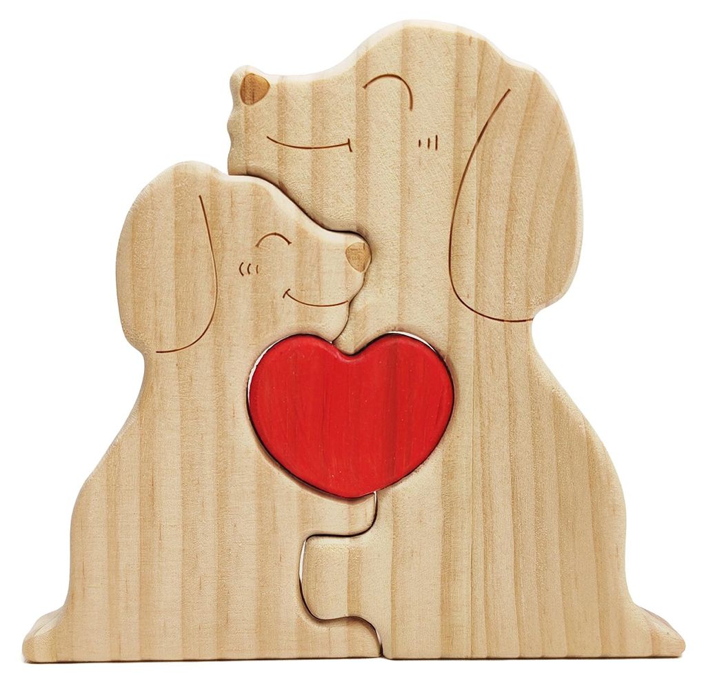 Holzpuzzle „Hundefamilie“ – Liebevolles Familienpuzzle mit rotem Herz – Ideal als Dekoration zum Vatertag, Muttertag, Jahrestag oder zur Ho...
