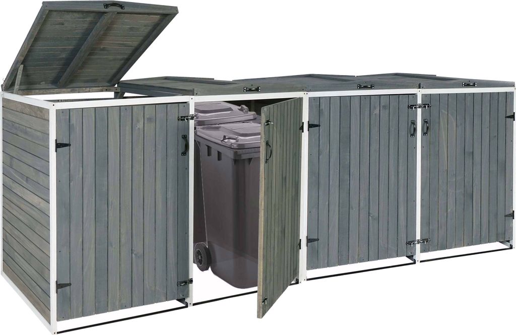 XL 4er-/8er-Mülltonnenverkleidung HWC-H74, Mülltonnenbox, erweiterbar 126x316x98cm Holz MVG grau-weiß