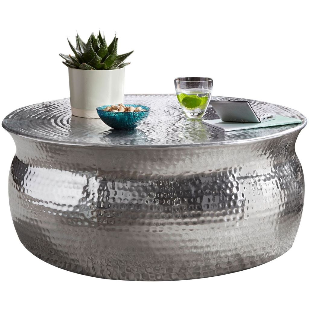 Couchtisch 75x31x75cm Aluminium Silber Beistelltisch orientalisch rund, Flacher Hammerschlag Sofatisch Metall, Design Wohnzimmertisch modern, Loung...
