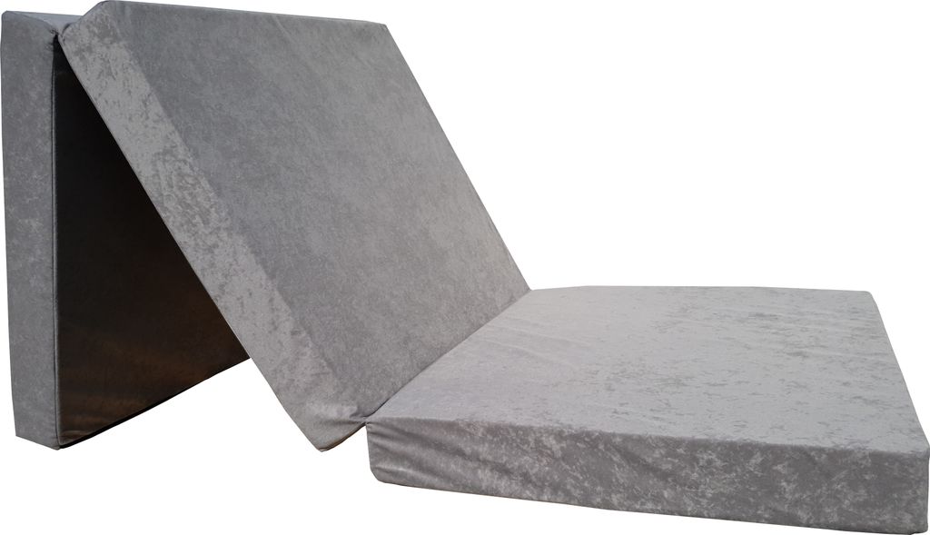A gray folding mattress laid out on a white background.