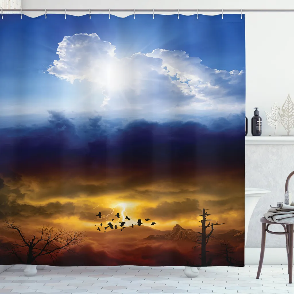 ABAKUHAUS Tenda da doccia naturale, cielo tempestoso Sun, opaca, incl. 12 anelli, resistente a batteri e muffe, 175 x 240 cm, blu arancione nero