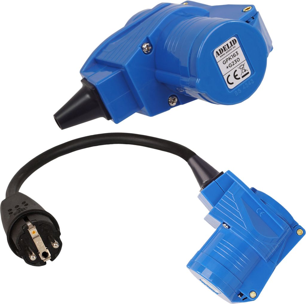 Adapter Schukostecker 230 V16A auf CEE-Winkelkupplung Caravan 16A 230V 3P Camping