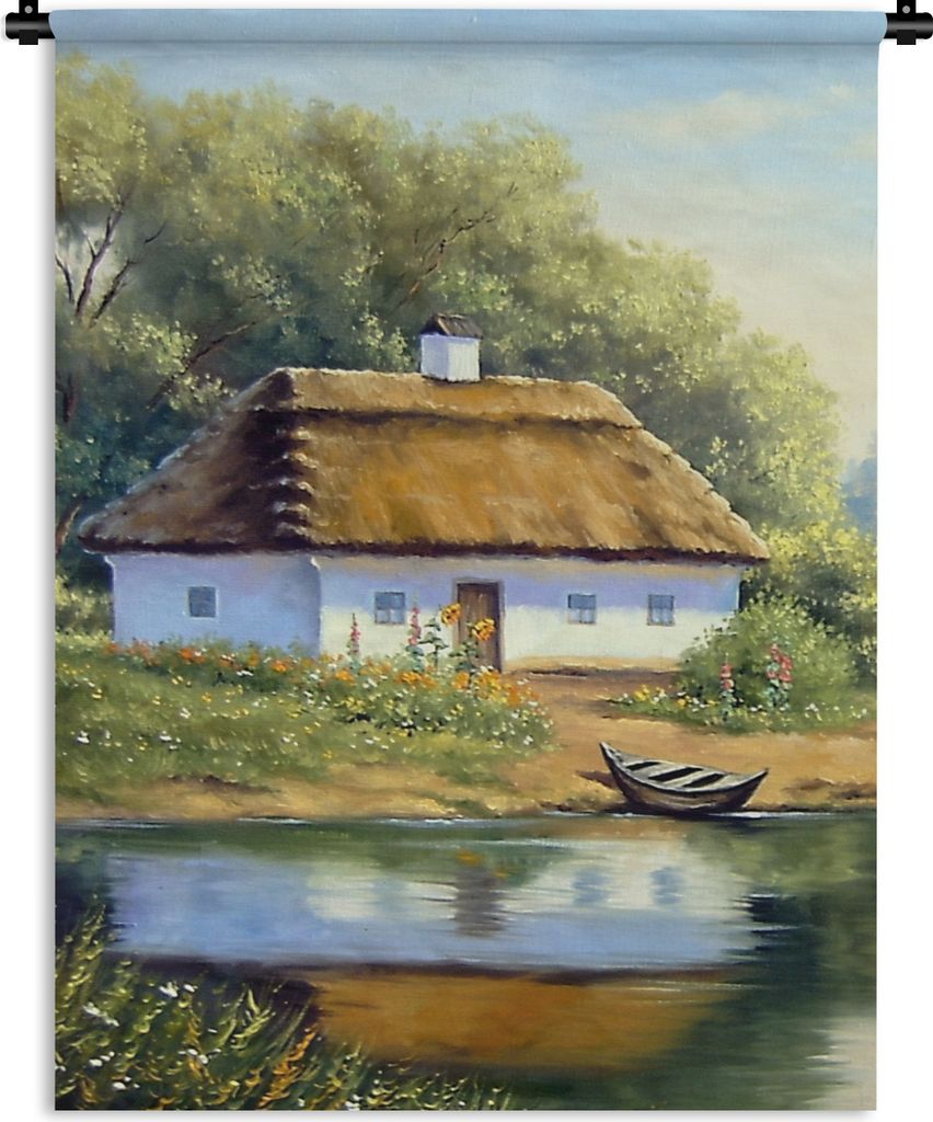 MuchoWow Wandteppich Wandbehang Malerei - Haus - Natur - Wasser - Ölfarbe 90x120 cm Tapisserie Dekoration Wandtuch - Wanddeko