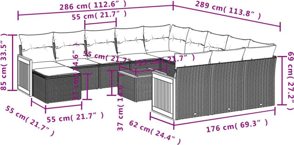 vidaXL 13-teiliges Gartensofa-Set mit Kissen, schwarzes Polyrattan