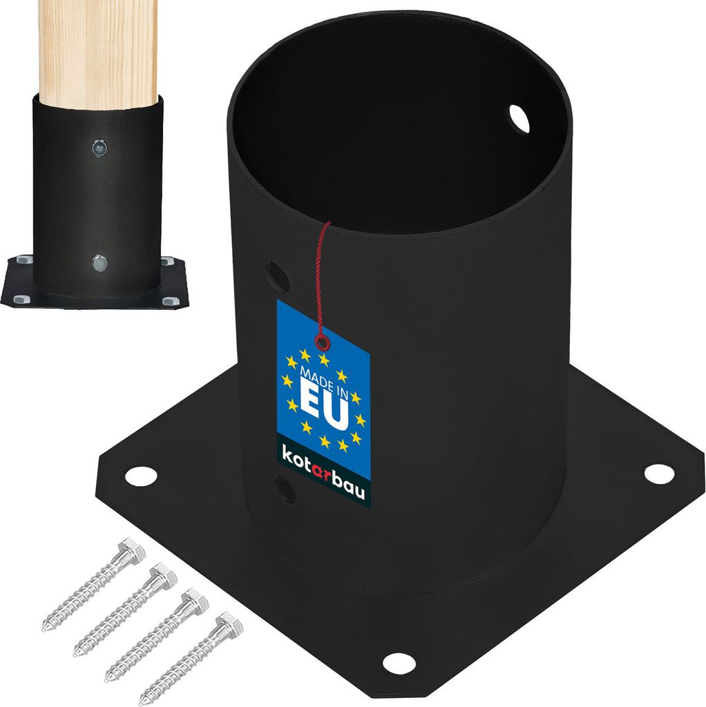 A black metal post base with a wooden post inserted into it, shown with screws.