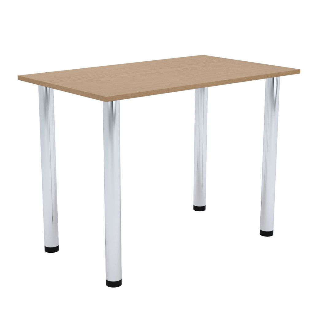 A simple table with a light brown top and four silver legs, isolated on a white background.