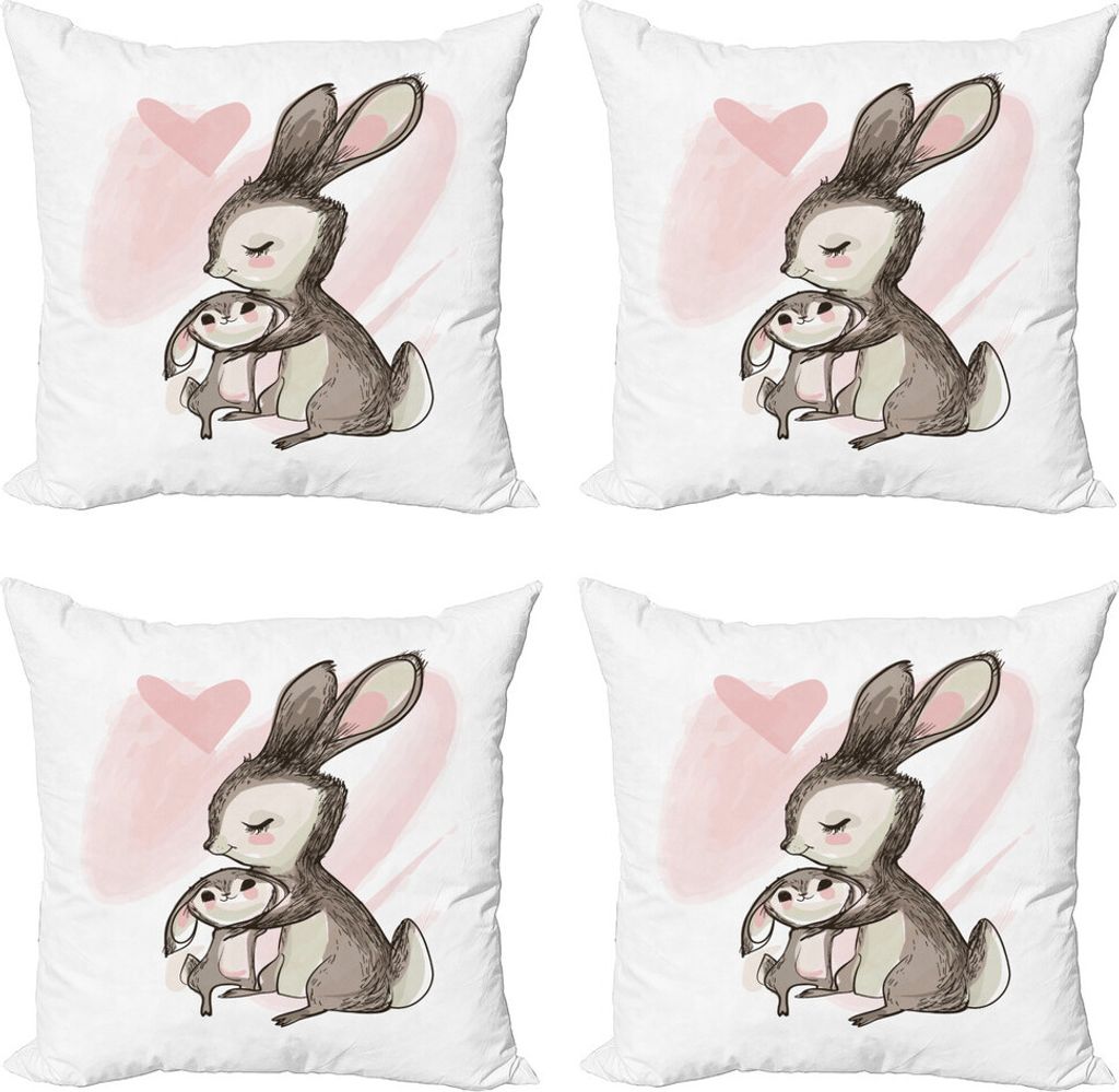 ABAKUHAUS Muttertag Kissenbezug Set (4 Stück), Hase mit seiner Mutter, Moderner Doppelseitiger Digitaldruck, 40 cm x 40 cm, Pale Pink Eggshell