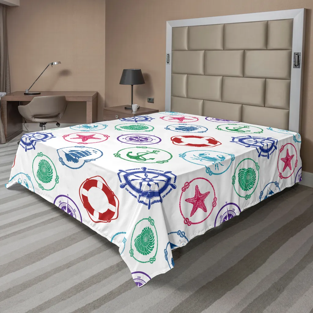 Drap de Lit Décoratif Motif Ancre et Bateau en Microfibre Douceur