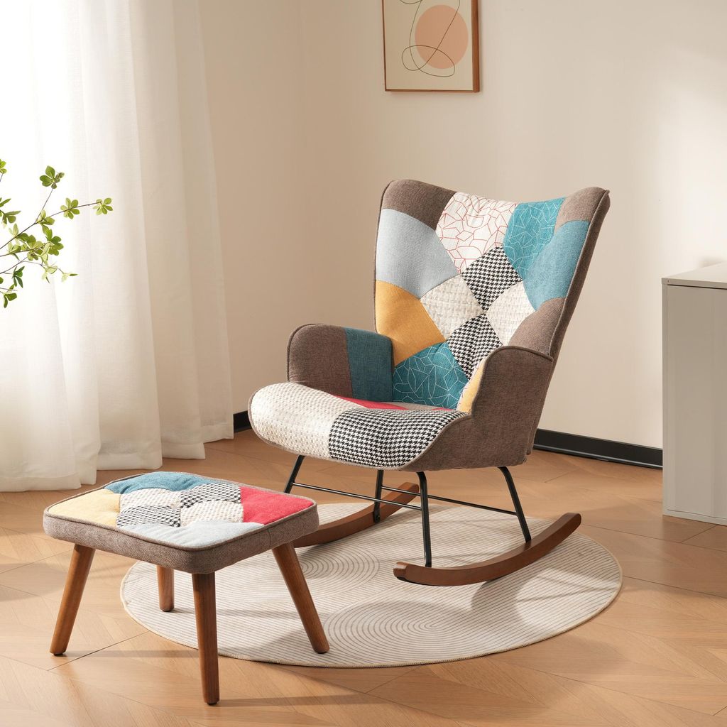 A patchwork rocking chair with a matching ottoman in a living room setting.