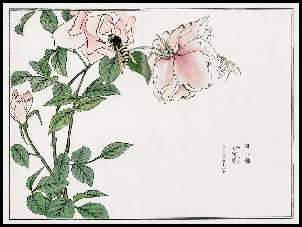 Poster Mural Japonais Vintage 100x75 cm Abeille et fleur Morimoto Toko
