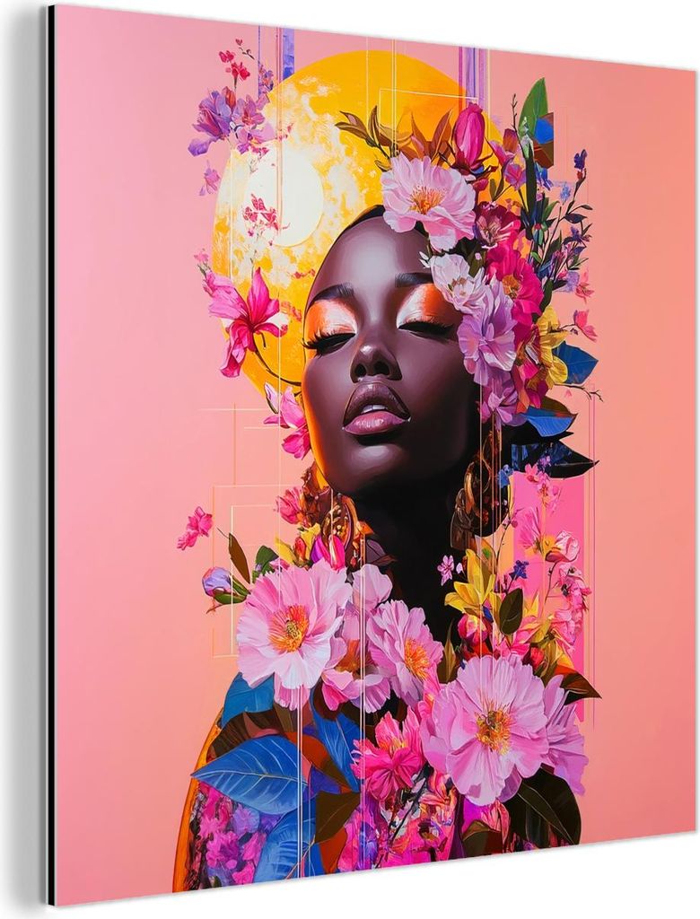 MuchoWow Wanddekoration Metall Metallbild Wandkunst 90x90 cm Bunt - Blumen - Frau - Sonne MuchoWow Aluminium Gemälde - Dekoration - Industrial - M...