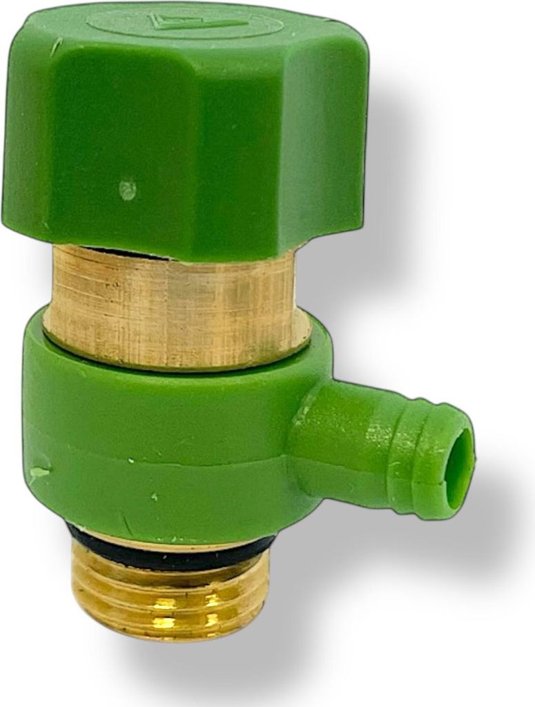 A close-up studio shot of a green and brass valve.
