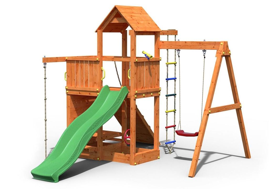 Spielturm mit Schaukel & Rutsche - Klettergerüst ausem Holz