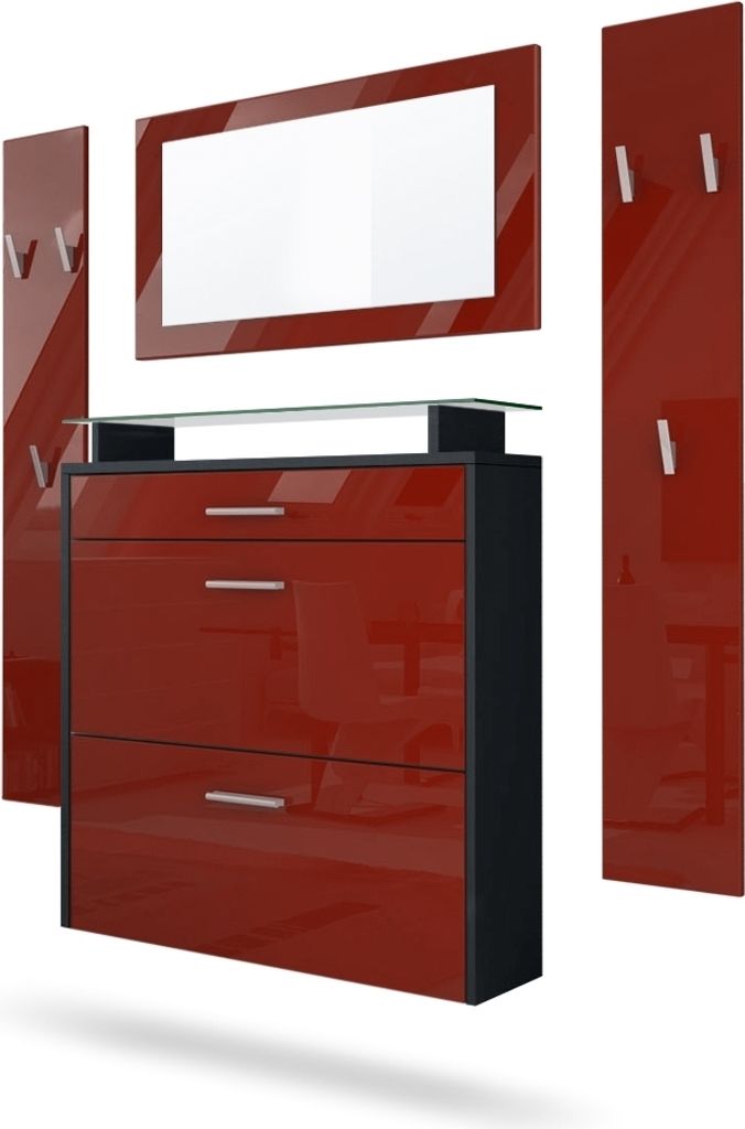 Vladon Garderobe Malea, Garderobenset bestehend aus 1 Hängeschuhschrank, 1 Wandspiegel und 2 Garderobenpaneele, Schwarz matt/Bordeaux Hochglanz