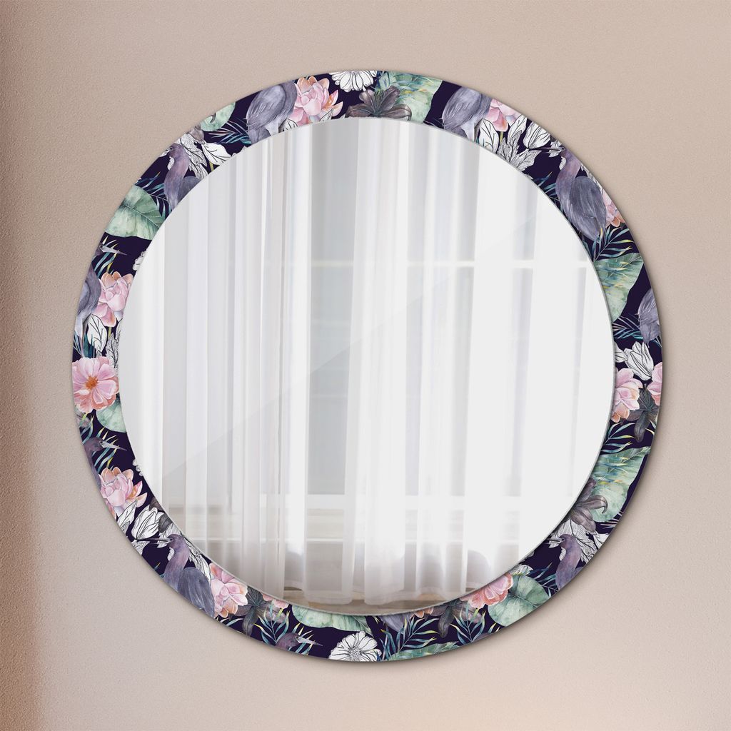 Ø90cm Spiegel - Glasrahmen mit Aufdruck - Wandspiegel Schlafzimmer - Kraniche Vögel