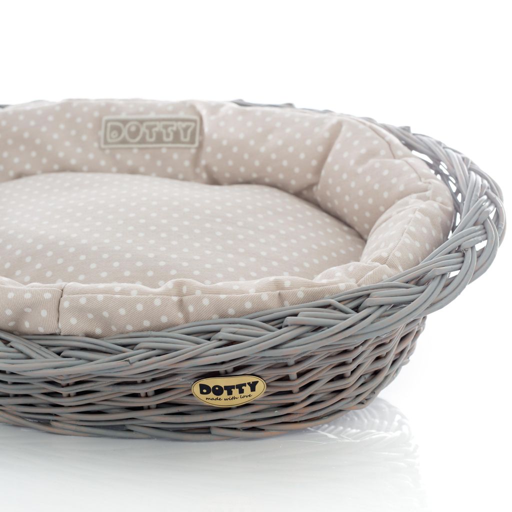 Handbemalter grauer Weidenkorb Wikikorb mit Baumwoll-Hundebett – Beige mit weißen Punkten Polka Dots – Waschbar & Weich – DOTTY