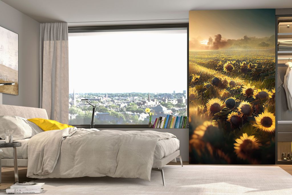 NEWROOM Tapete Gelb Vliestapete Blumen - Blumentapete Floral Braun Schwarz Sonnenblumen Sonnenuntergang Landschaft Romantisch Sonnenblumenfeld