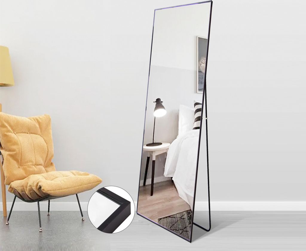CDGlobal Ganzkörperspiegel mit Schwarzer Metallrahmen 150x40cm, HD Groß Wandspiegel mit Haken für Wohnzimmer oder Ankleidezimmer,Schwarzer