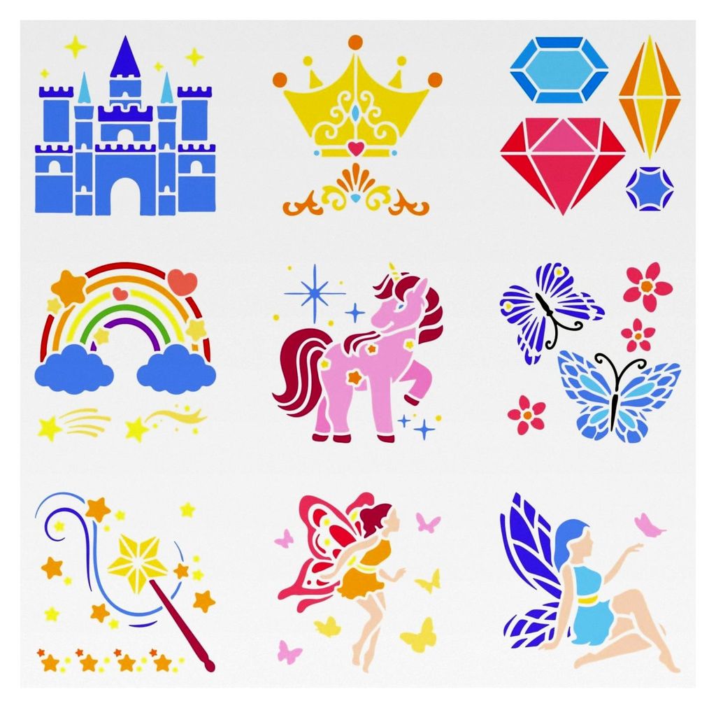 9 Stück Fantasy-Themen-Schablonen 15x15 cm mit Schmetterling, Einhorn, Sternen, Feen, Schloss, Krone und Zauberstab für Tagebuch- und Scrapbooking