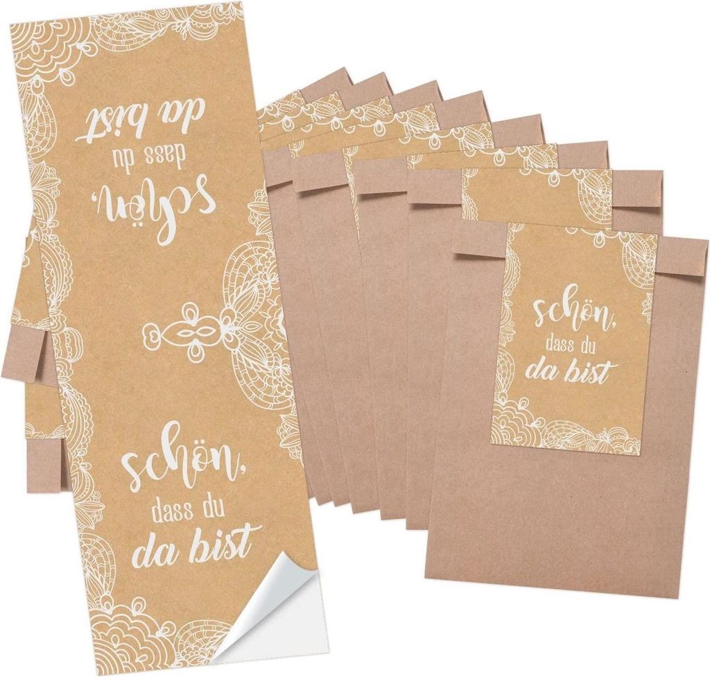 10 kleine braune Papiertüten Geschenktüten Geschenk-Verpackung (8,5 x 13 cm) und 10 lange Aufkleber 5 x 14,8 cm SCHÖN DASS DU DA BIST Tafel-Opti...