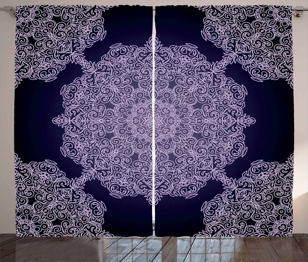 ABAKUHAUS Tenda rustica Mandala viola, fiori boemi, tenda con nastro arricciato per camera da letto con passanti e ganci, 280 x 175 cm, malva chiaro e indaco