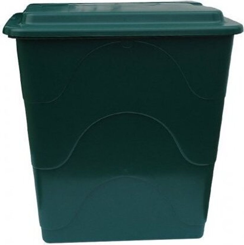 A dark green, rectangular rain barrel with a lid is shown against a white background.