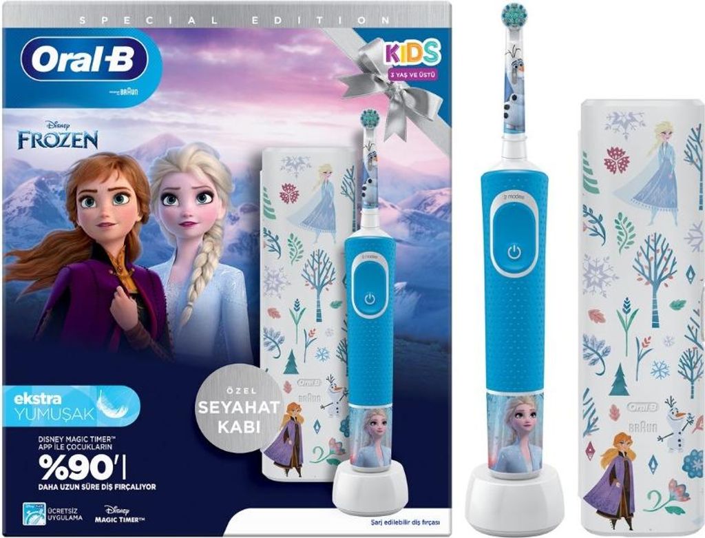 A product package for an Oral-B Kids electric toothbrush featuring Disney's Frozen characters.