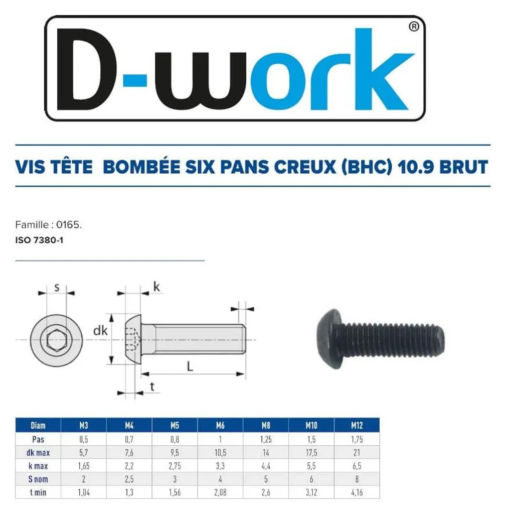 Vis tête bombée BHC M10x20 haute résistance 10.9 D-Work pack de 100 pcs