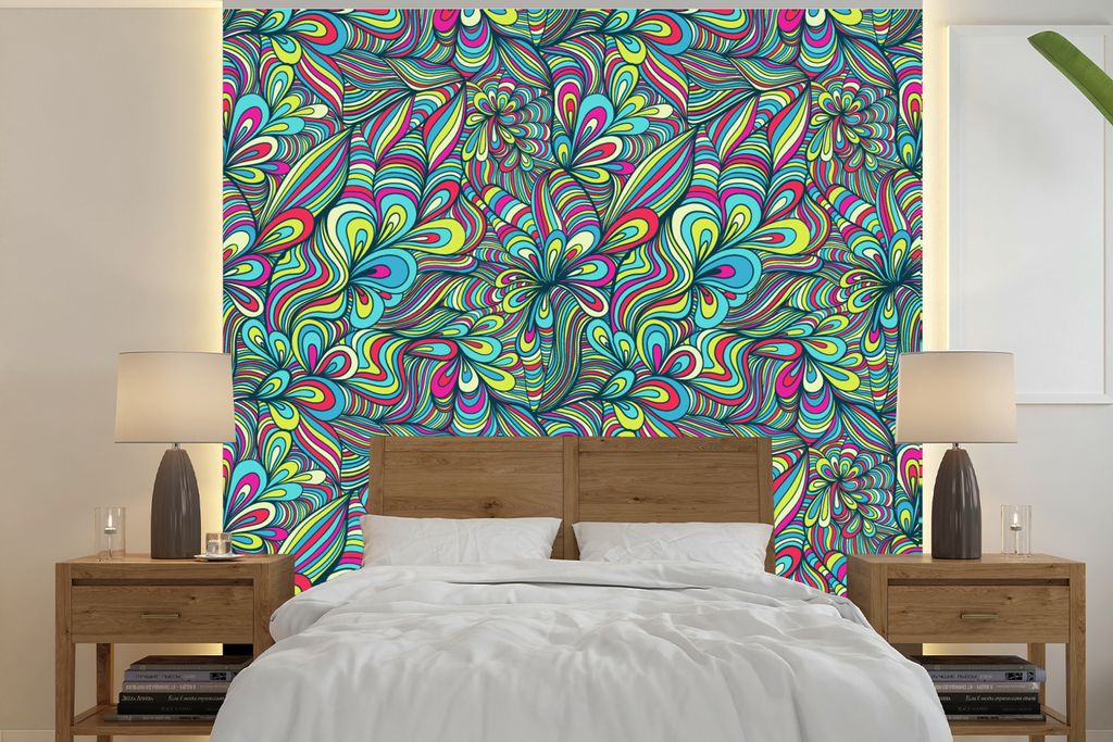 MuchoWow Fototapete für Wohnzimmer oder Schlafzimmer Wandtapete Vinyl Motivtapete Fantasie - Design - Farben - Retro - 260x260 cm - Papiertapeten