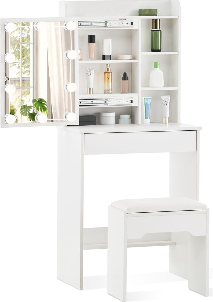 CLIPOP Schminktisch, 60x40x130cm Kosmetiktisch mit Spiegel und Hocker, Inkl. LED-Leuchte