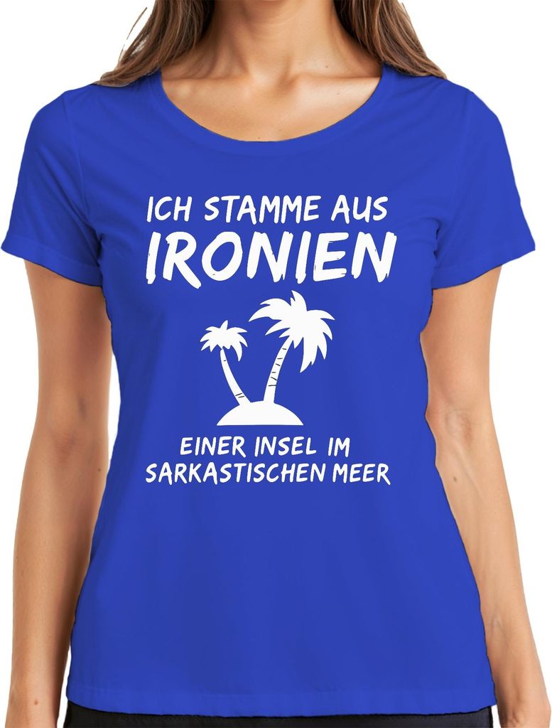 Ich stamme aus Ironien einer Insel Sarkastisch Humor Palmen Damen T-Shirt, Blau, 3XL