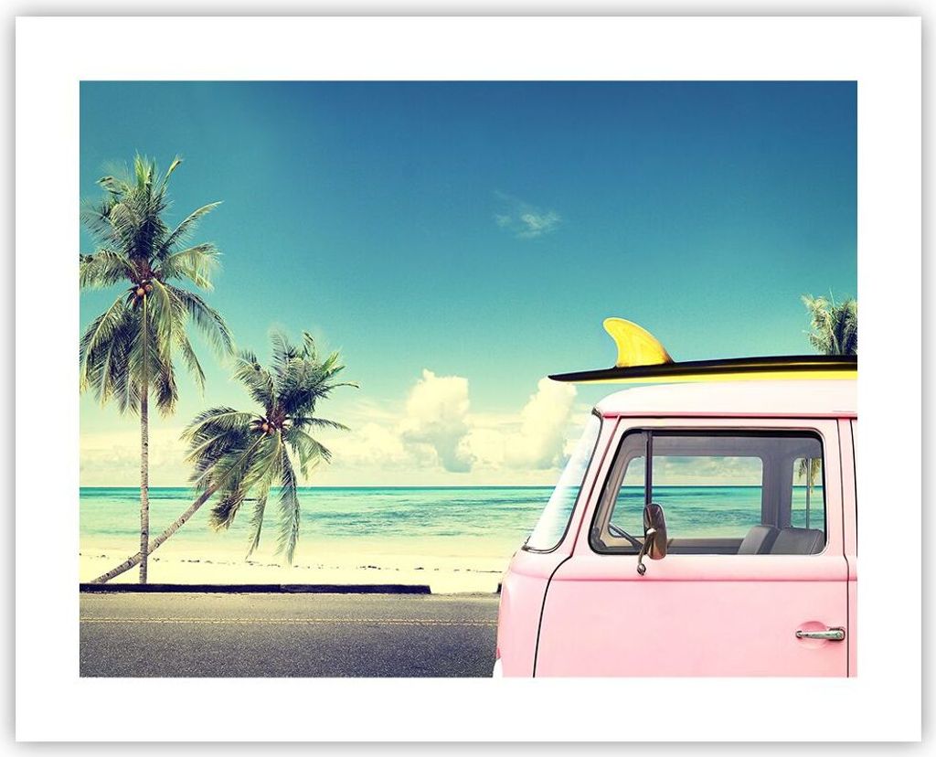 Poster - Poster ohne Rahmen - Auto Surfbrett Strand Ozean - 50x40 cm - Wand Bild - Wanddeko - Wandbilder - Kunstposter - Wandposter - Bilder - Kuns...