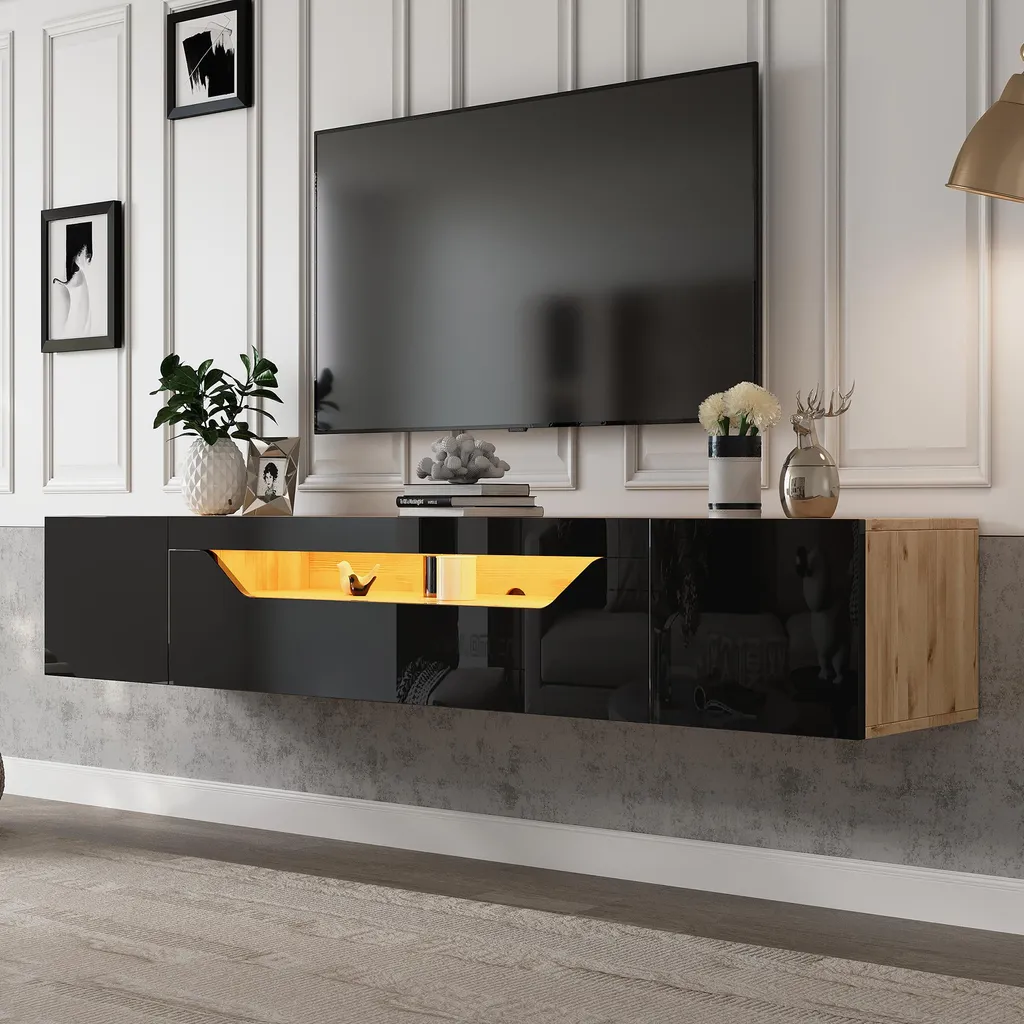 Sweiko Mobile TV Sospeso 180cm Nero e Legno LED per TV 75 Pollici