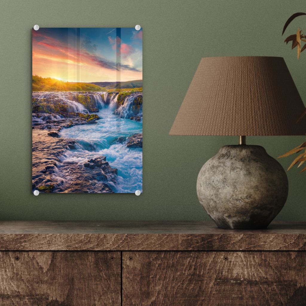 MuchoWow Glasbilder - Bilder auf Wandbild - Foto auf Glas Wasserfall - Pflanzen - Moos - Landschaft - Sonnenuntergang - Fels 20x30 cm Wanddekoratio...