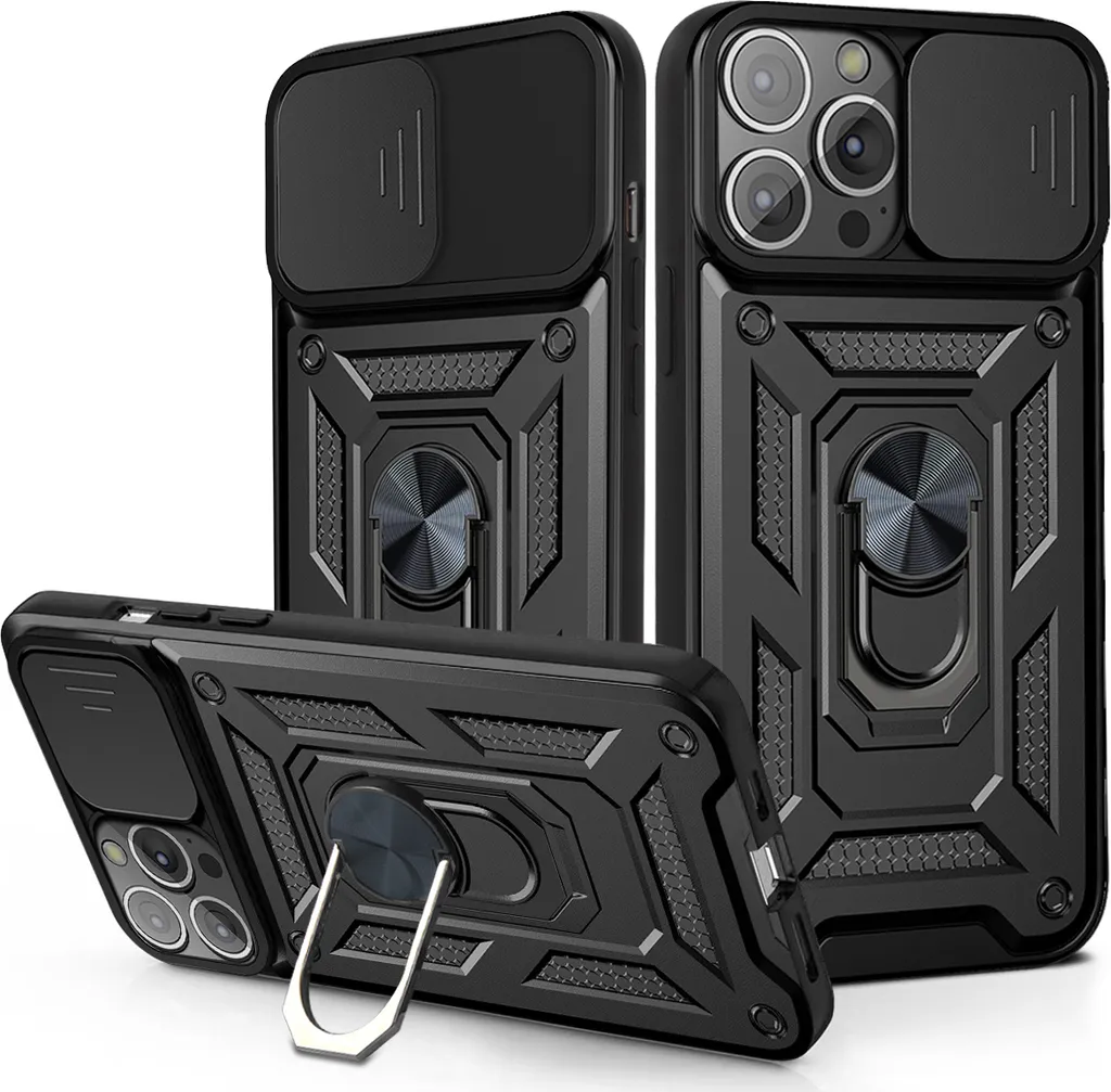 Cover Antiurto iPhone 14 Pro Max Nero - Supporto Anello e Bumper
