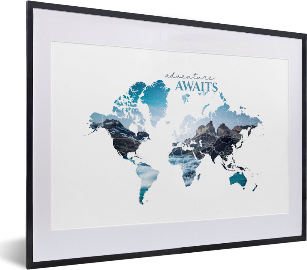 MuchoWow Gerahmtes Poster Weltkarte - Zitate - Berg 40x30 cm - Poster mit Schwarzem Bilderrahmen Wandposter Rahmen Foto Bilder - Bilderrahmen - P...
